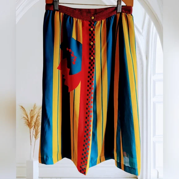 M💥Mario Valentino Vintage Asymmetrical Midi Skirt in Yellow&Blue - Picture 2 of 11